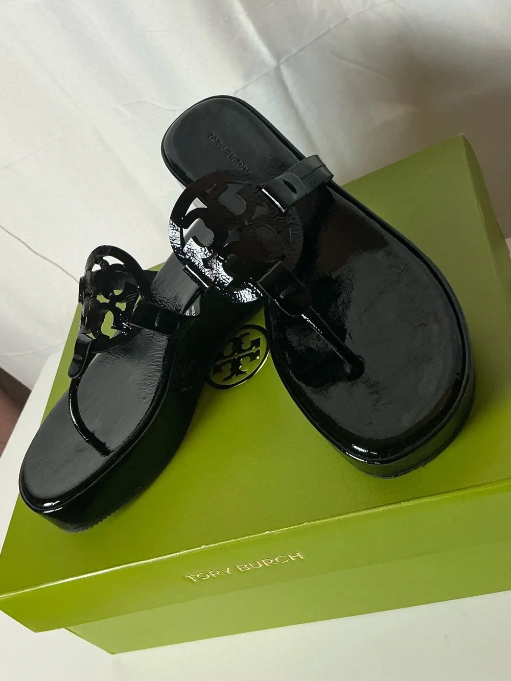 Tory Burch Black Patent Leather Wedge Sandals